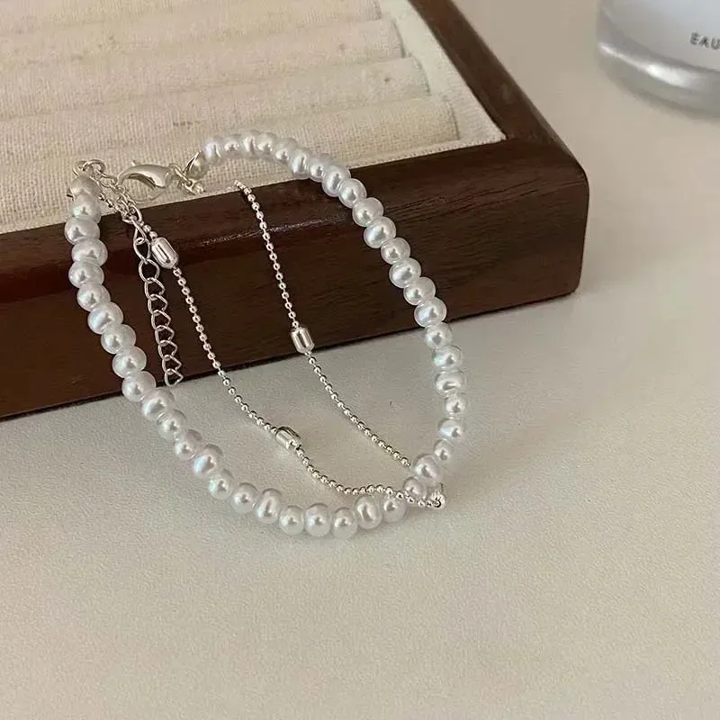 925 Sterling Silver Double Layer Pearl Bracelet for Women Girl Design Bead Korean Jewelry Dropshipping Charm Bracelet