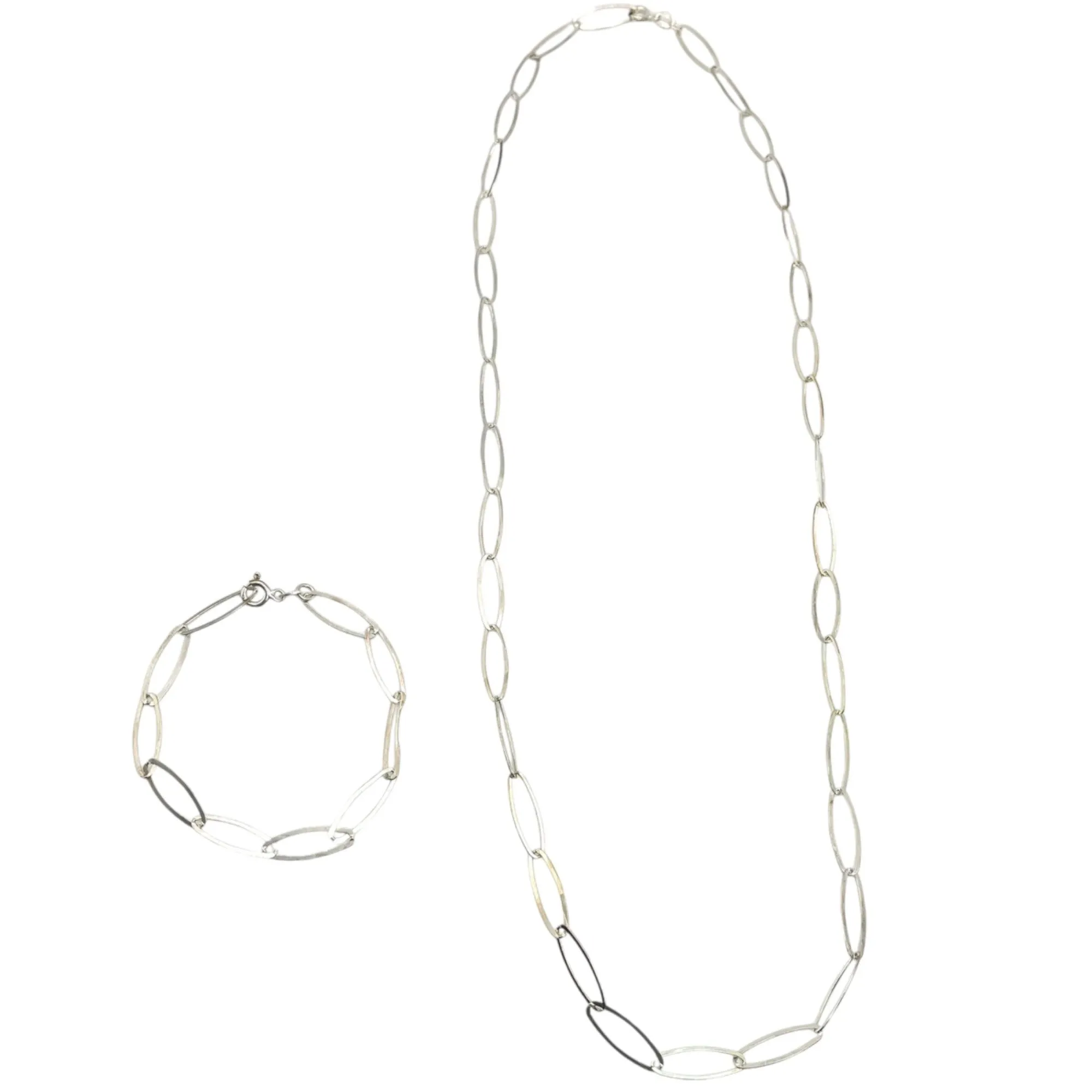 925 Sterling Silver Paperclip Chain Necklace Bracelet Set Classic Casual