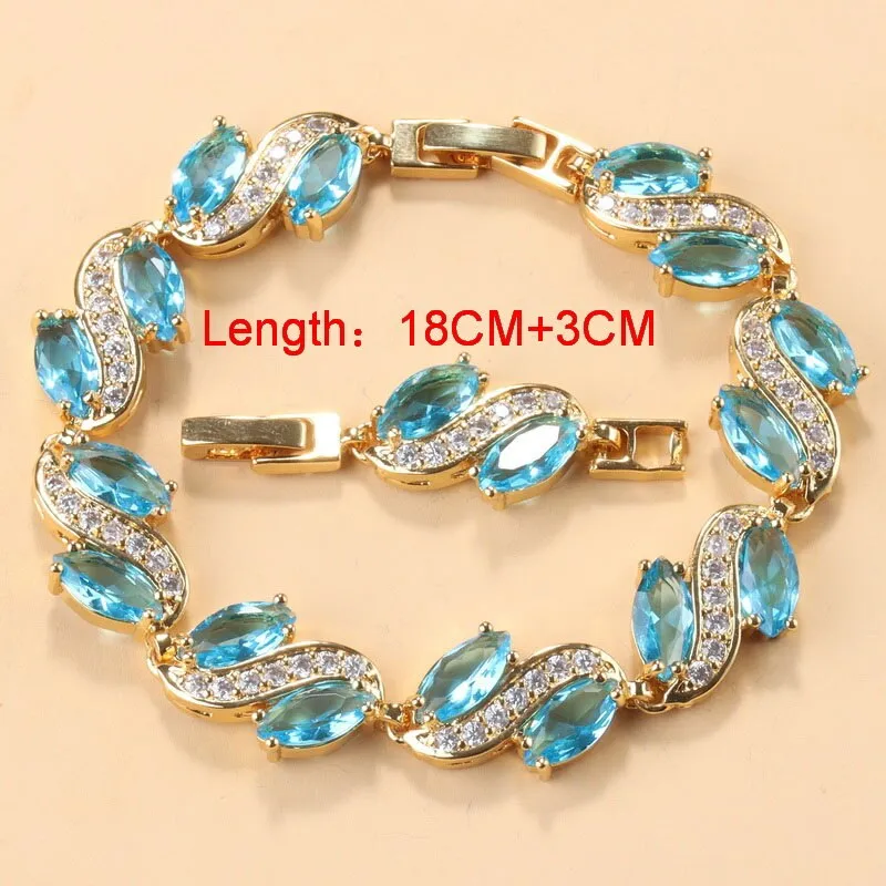 African Bridal Fashion Wedding Jewelry Sets Yellow Gold Colors Women Costume Blue Stone Bracelet And Ring Necklace Sets