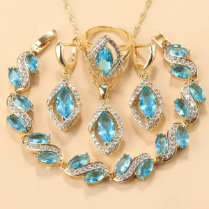 African Bridal Fashion Wedding Jewelry Sets Yellow Gold Colors Women Costume Blue Stone Bracelet And Ring Necklace Sets