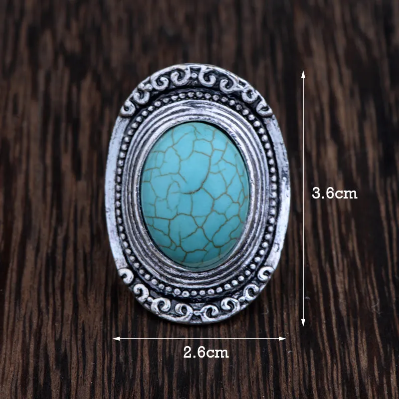 Antique Silver Oval Turquoise Stone Adjustable Ring