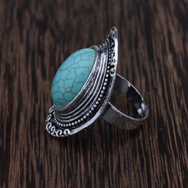 Antique Silver Oval Turquoise Stone Adjustable Ring