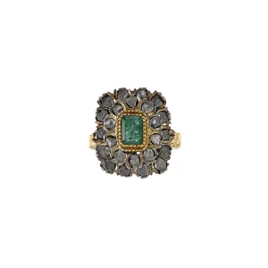 Antique Victorian Era 18KT Yellow Gold Silver Top Emerald And Diamond Ring