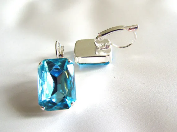 Aquamarine Blue Crystal Earrings - Large Octagon