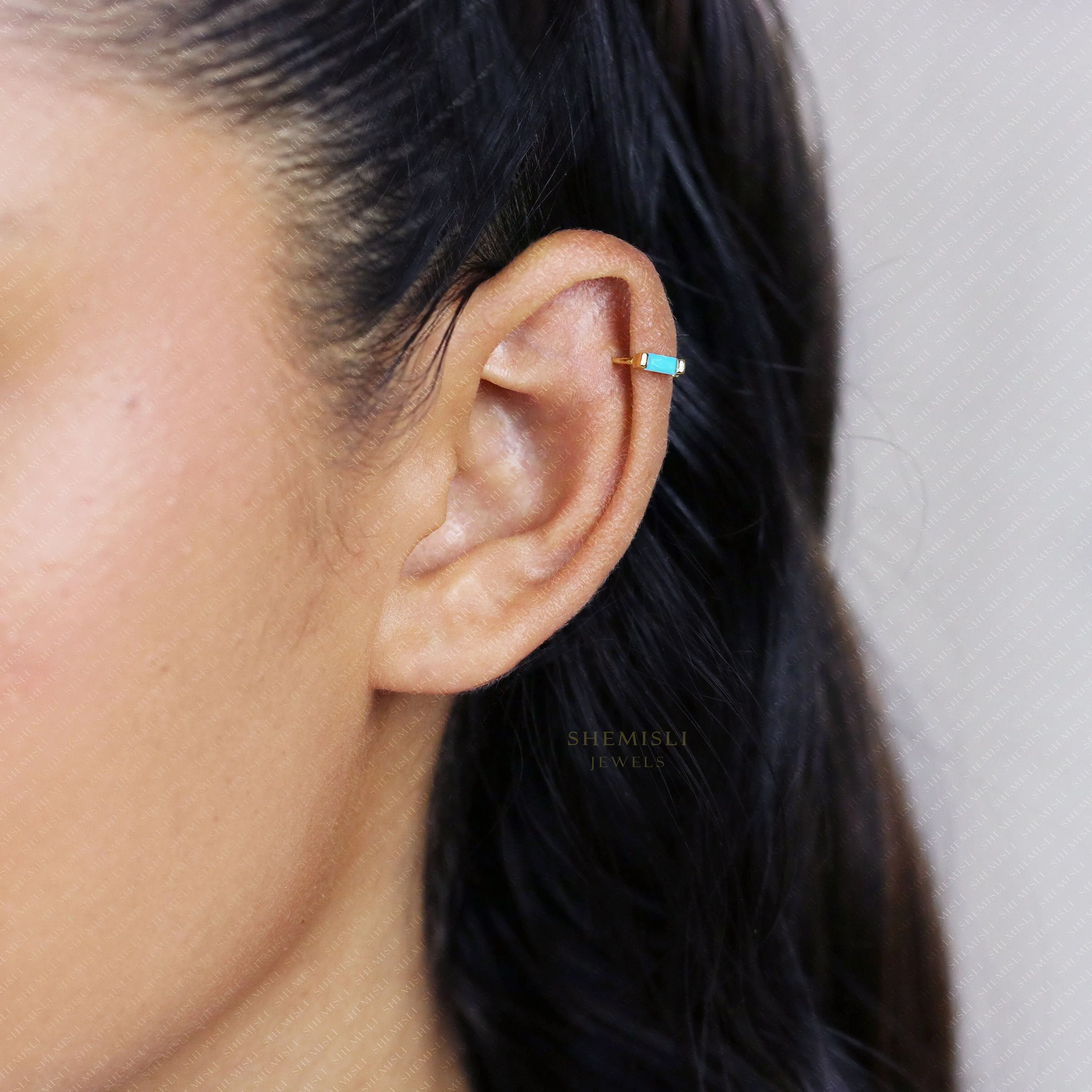 Baguette Stone Helix Hoop Earrings, White Emerald Turquoise Sapphire Black Opal, Unisex, Gold, Silver SH294 SH169 SH200 SH393 SH400 SH403