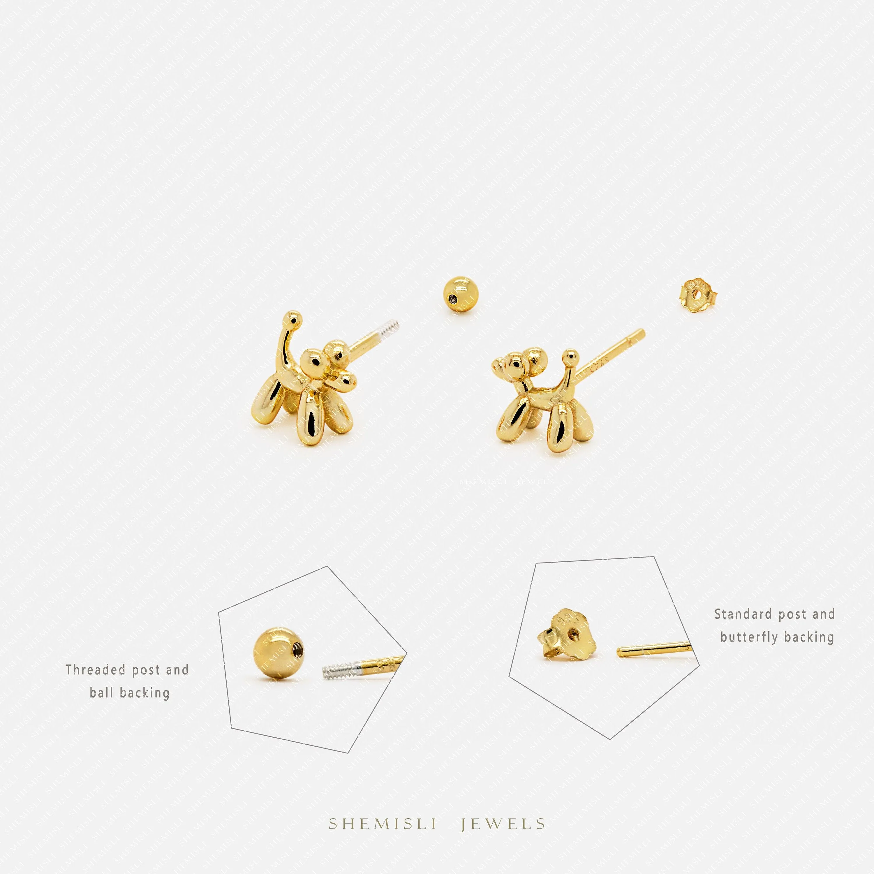 Balloon Dog Studs, Pet Animal Jewelry, Poodle Earrings, Gold, Silver SHEMISLI - SS216 Butterfly End, SS488 Screw Ball End (Type A) LR