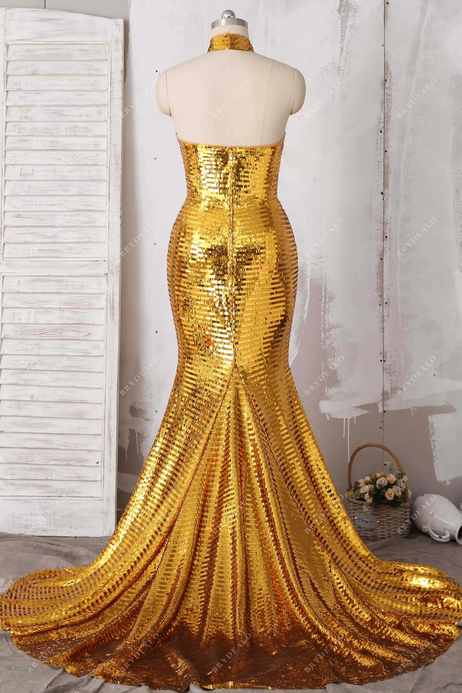 Bedazzled Shiny Gold Sequin Choker Neck Mermaid Prom Gown