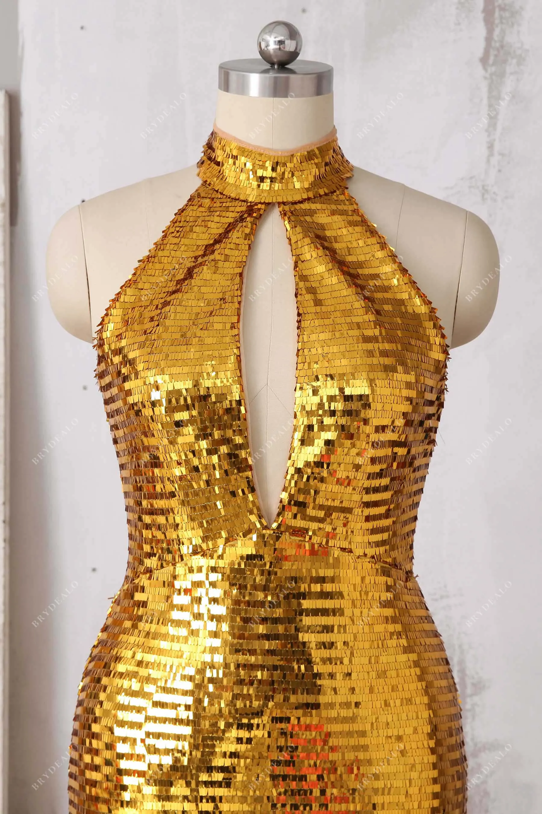 Bedazzled Shiny Gold Sequin Choker Neck Mermaid Prom Gown