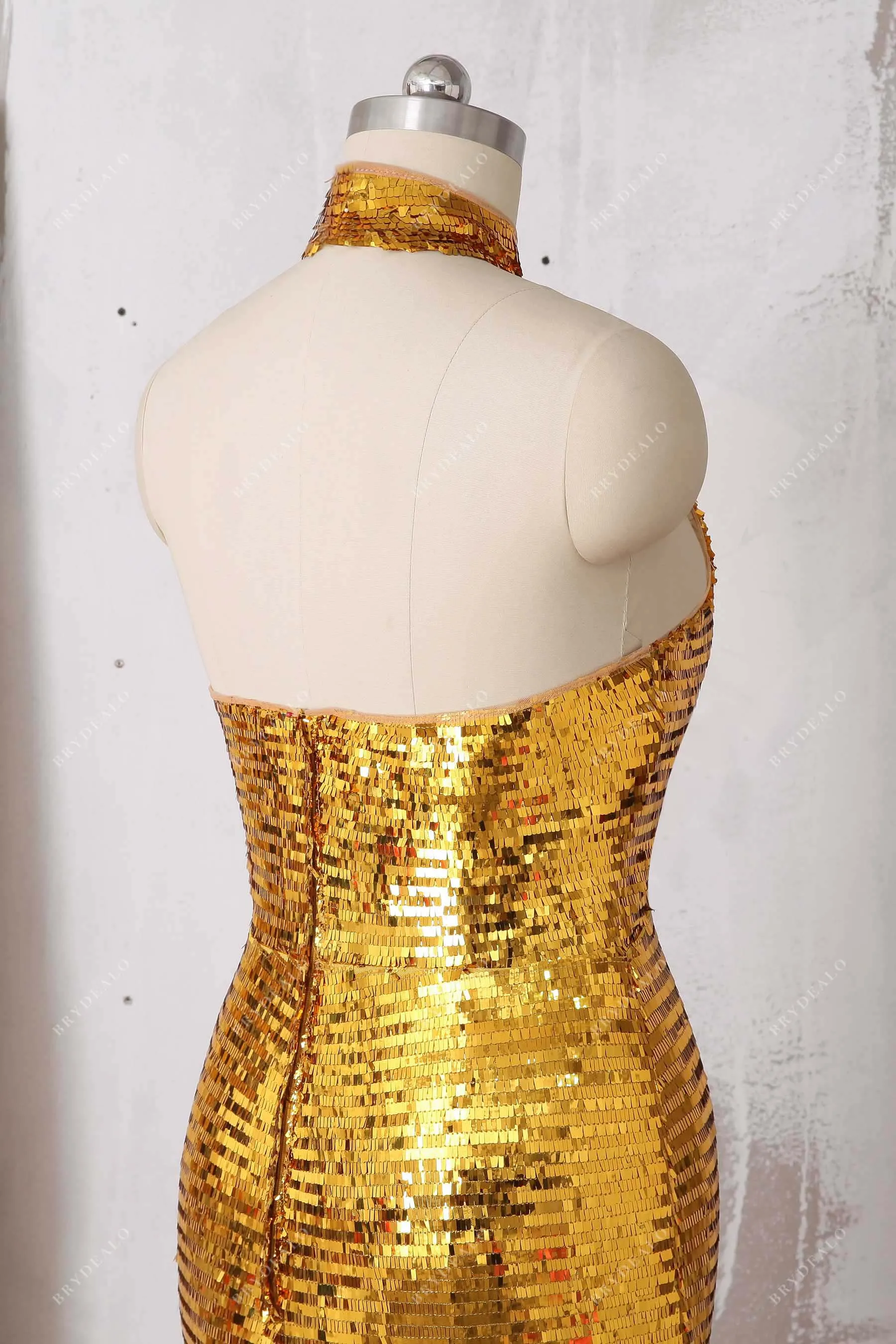 Bedazzled Shiny Gold Sequin Choker Neck Mermaid Prom Gown