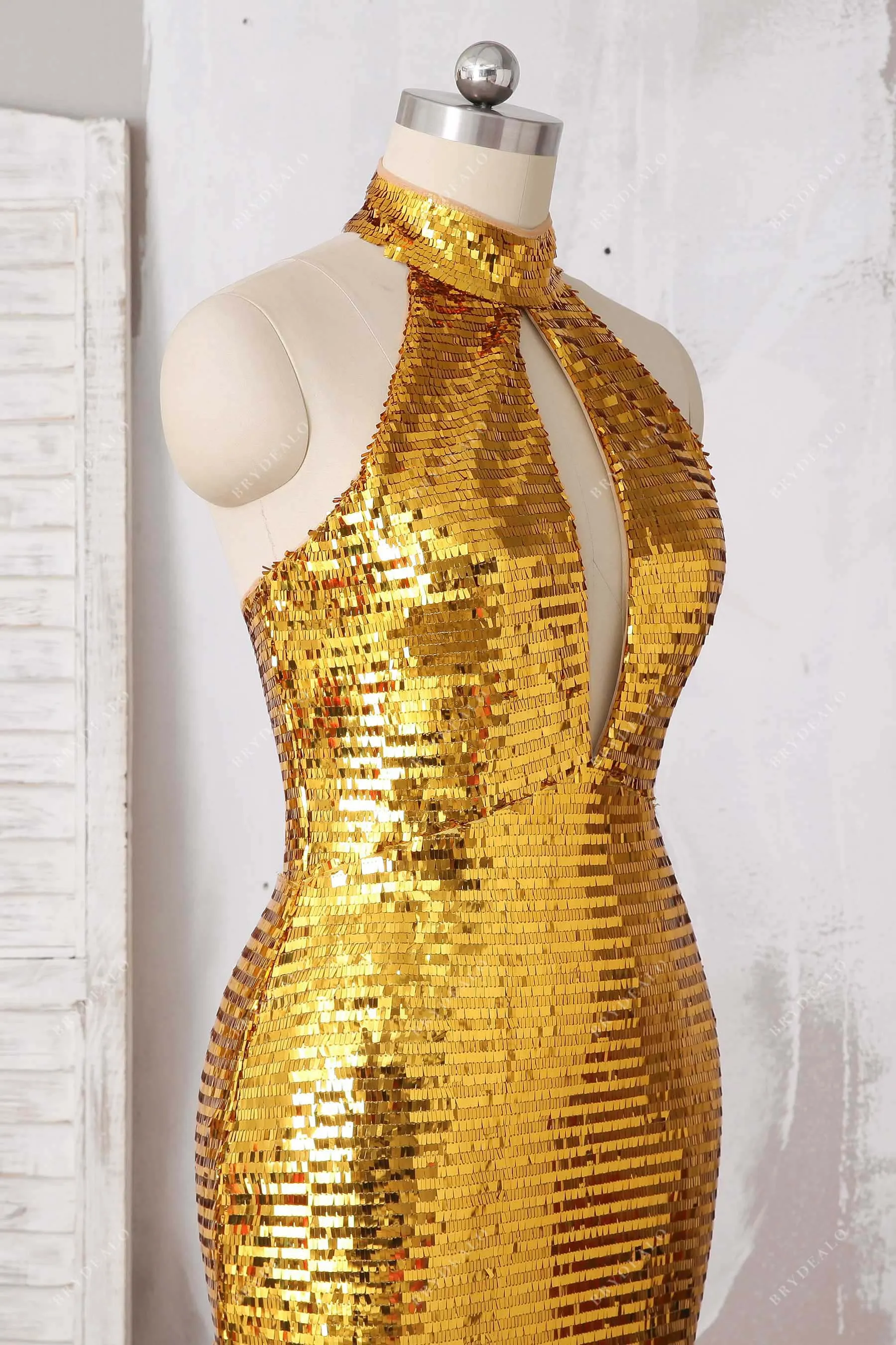 Bedazzled Shiny Gold Sequin Choker Neck Mermaid Prom Gown