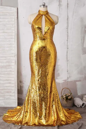 Bedazzled Shiny Gold Sequin Choker Neck Mermaid Prom Gown