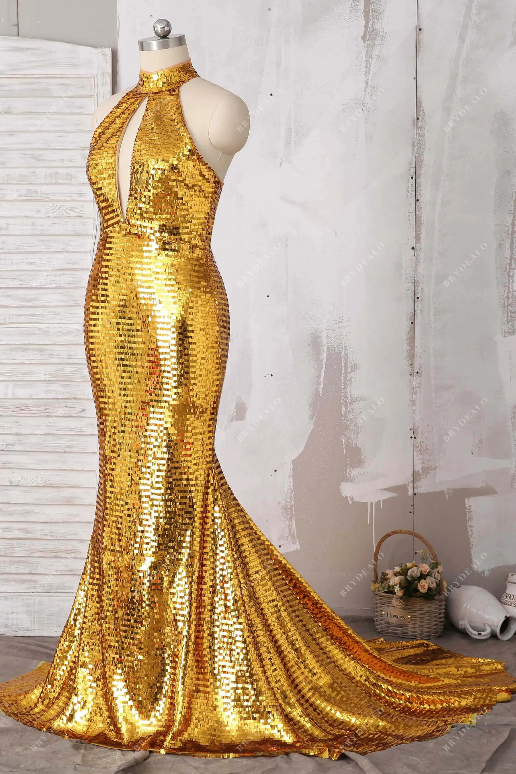 Bedazzled Shiny Gold Sequin Choker Neck Mermaid Prom Gown