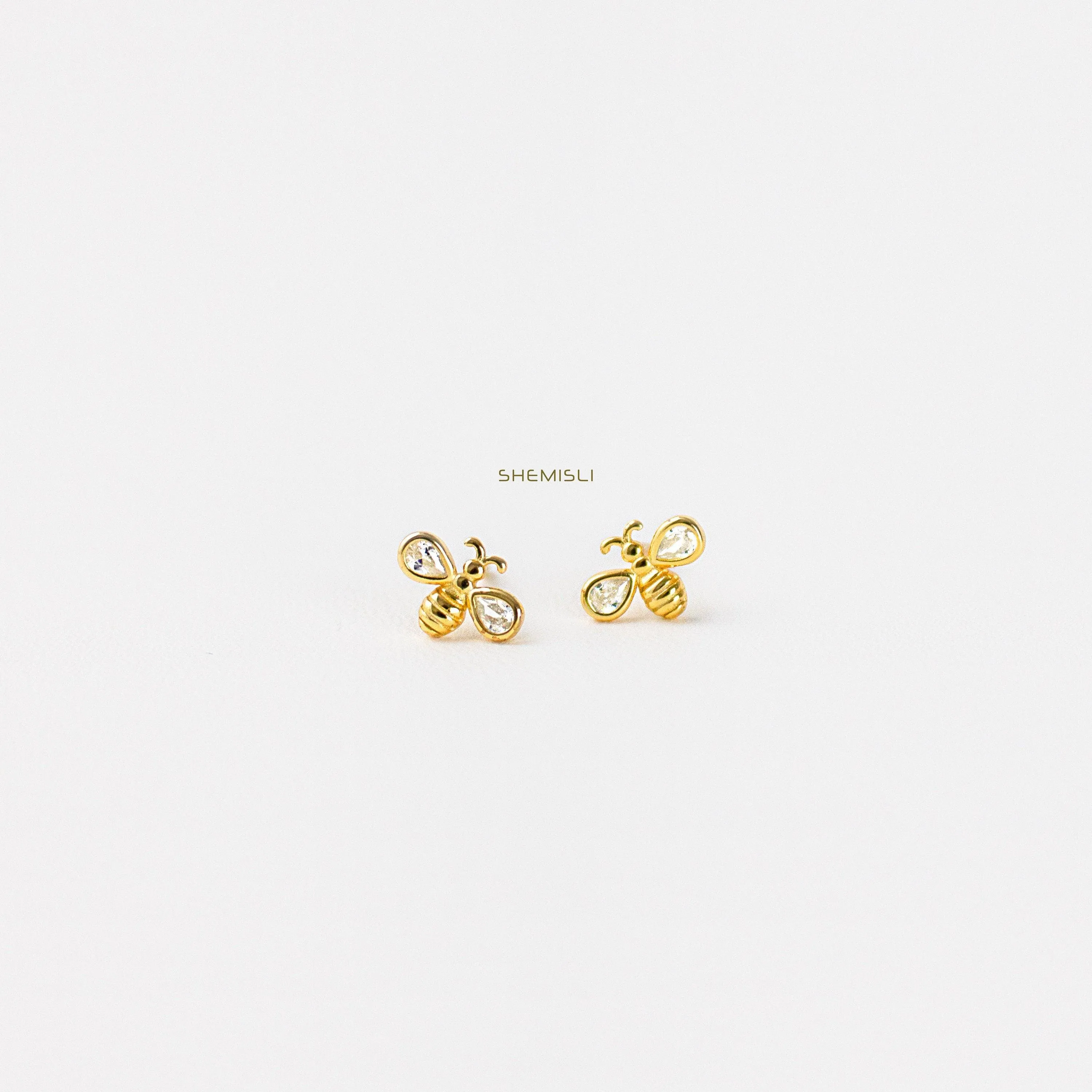 Bee CZ Studs Earrings, Gold, Silver SHEMISLI - SS044 Butterfly End, SS361 Screw Ball End (Type A)