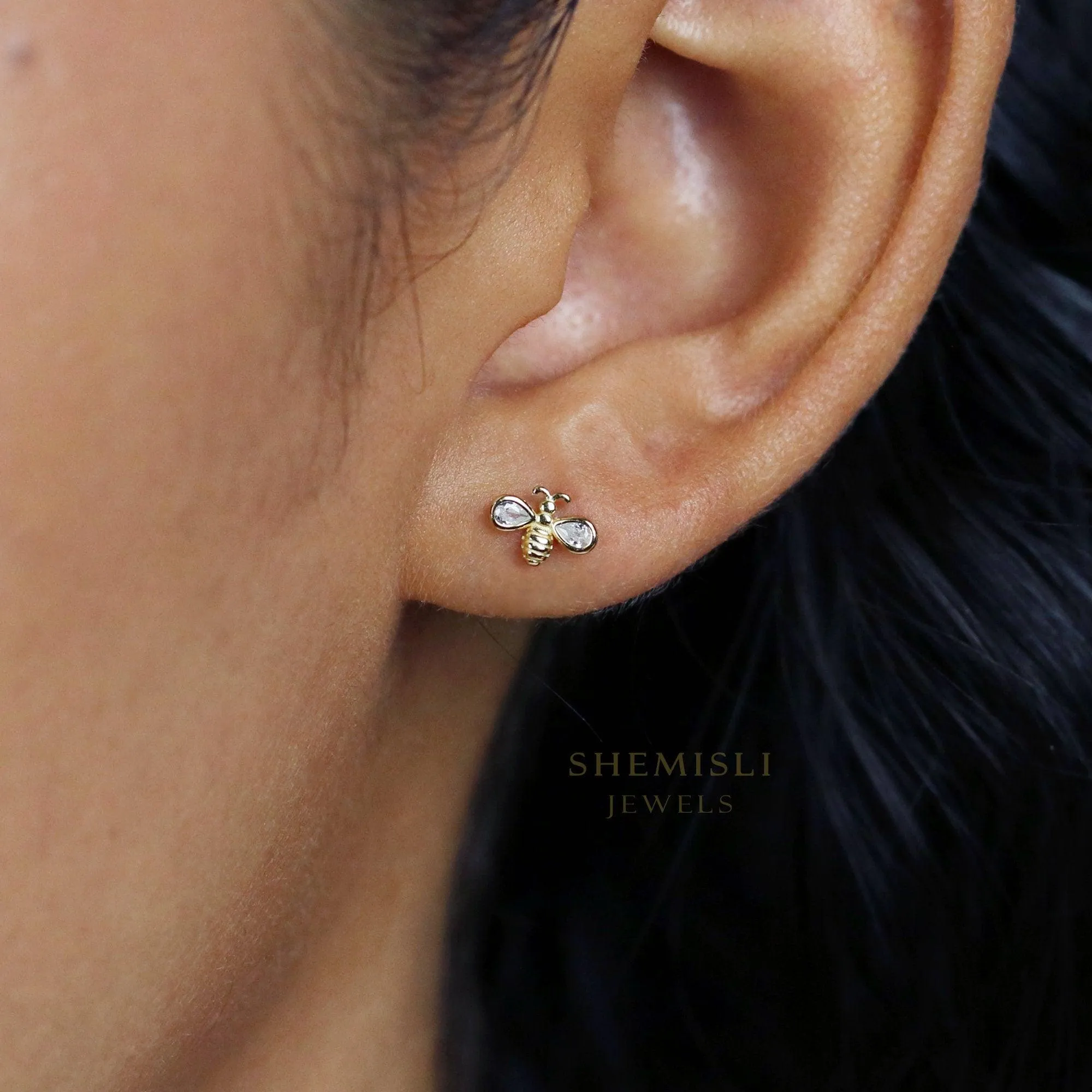 Bee CZ Studs Earrings, Gold, Silver SHEMISLI - SS044 Butterfly End, SS361 Screw Ball End (Type A)