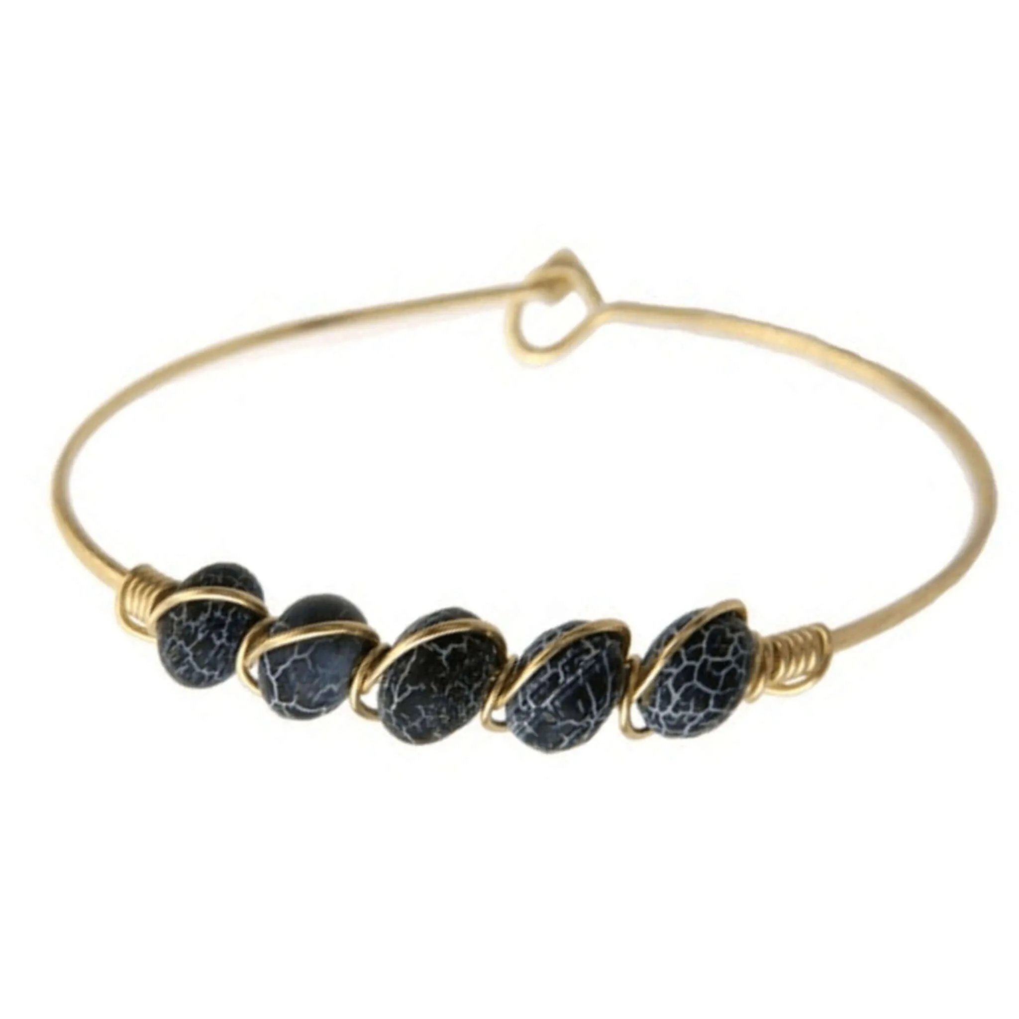 Black Agate Beaded Gold Bangle Bracelet