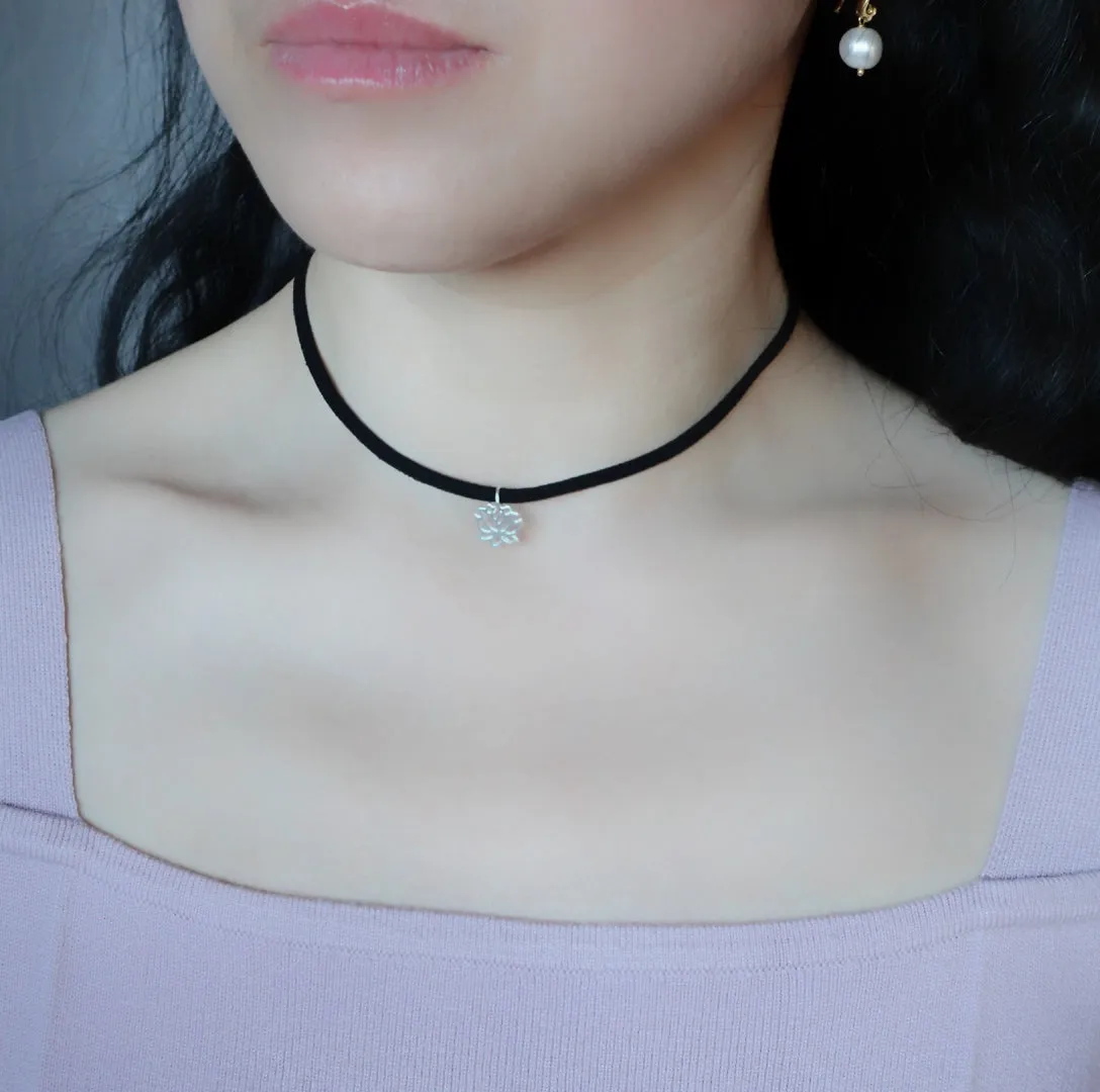 Black Choker Necklace with Silver Lotus