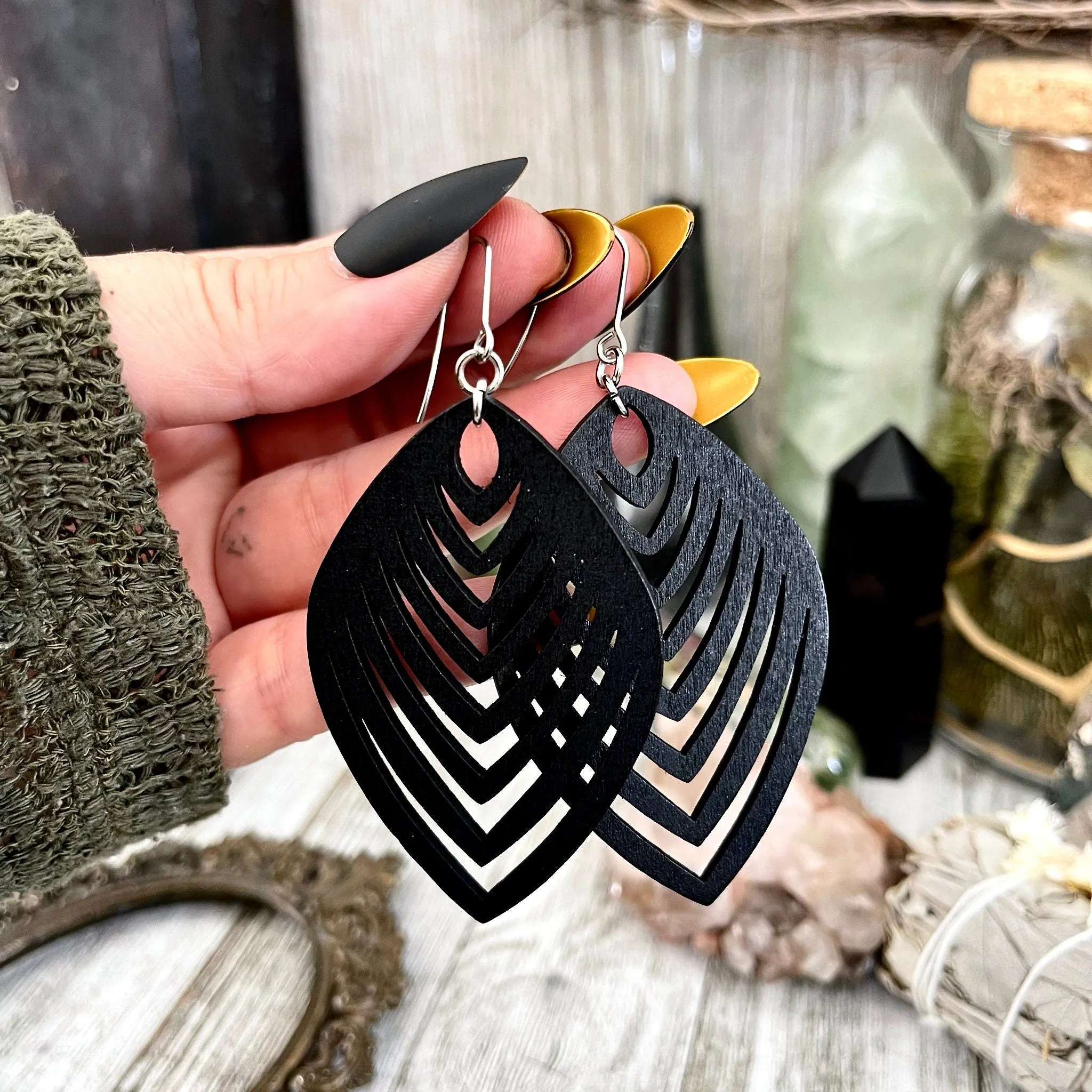 Black Laser Cut Wooden Earrings  / Stainless Steel Long Dangly Earrings