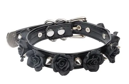 Black Vegan Leather Collar w/ Roses and Spikes