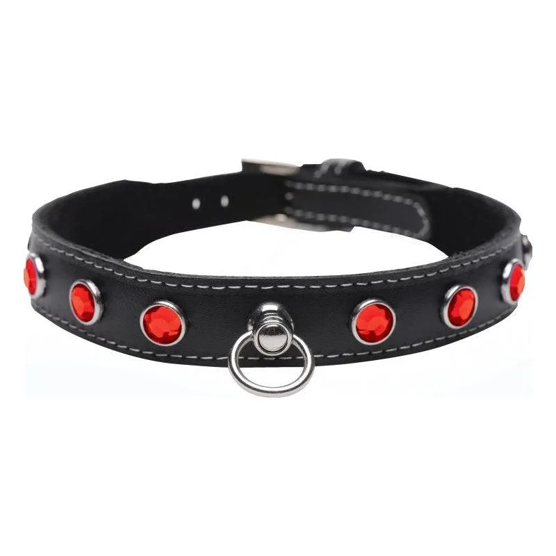 Bling Vixen Leather Choker w Red Rhinestones