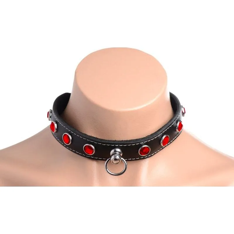 Bling Vixen Leather Choker w Red Rhinestones