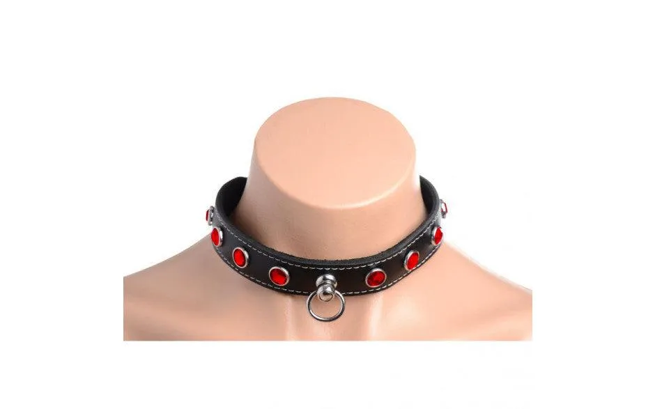 Bling Vixen Leather Choker w Red Rhinestones