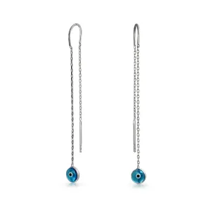 Blue Nazar Evil Eye Murano Glass Dangle Earrings Thin Chain  Sterling Silver