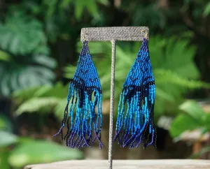 Blue Palms Bead Fringe Earrings