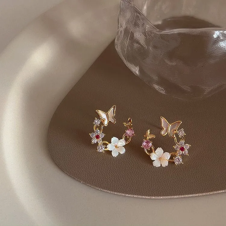 Charming Pearl Shell Butterfly Floral Earrings