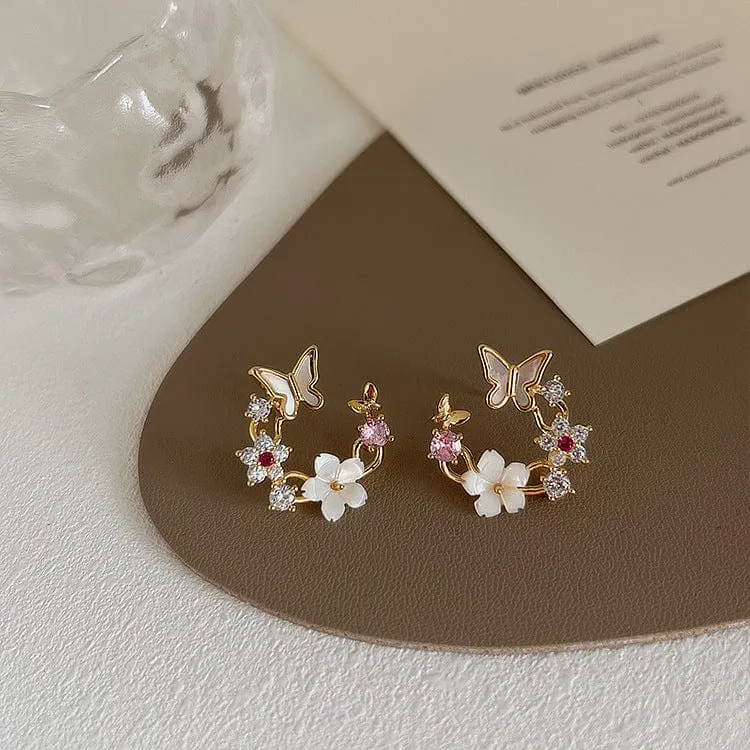 Charming Pearl Shell Butterfly Floral Earrings