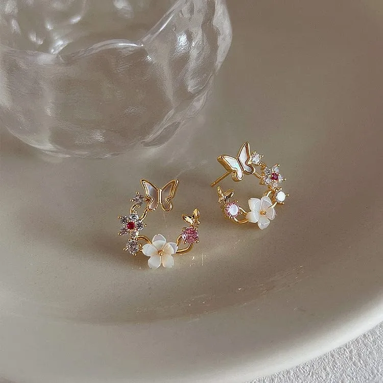 Charming Pearl Shell Butterfly Floral Earrings