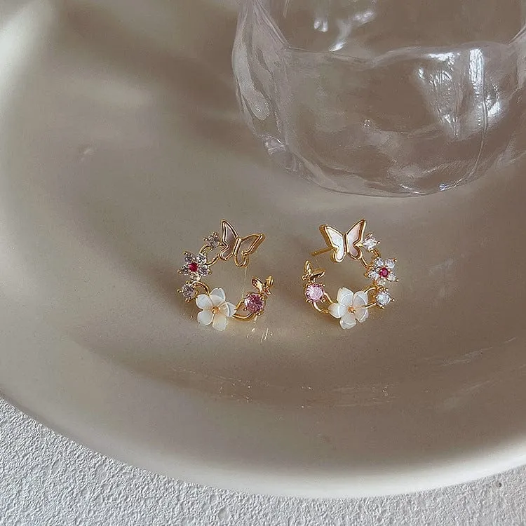 Charming Pearl Shell Butterfly Floral Earrings