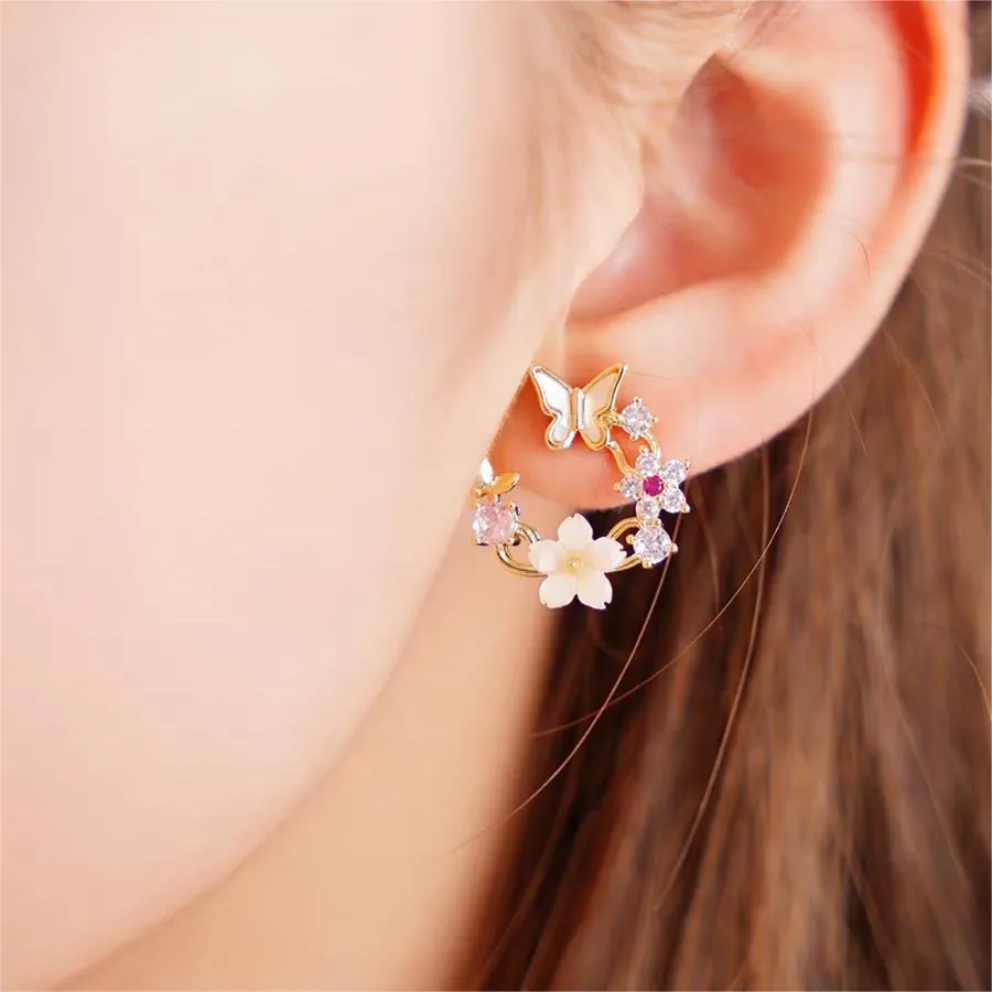 Charming Pearl Shell Butterfly Floral Earrings