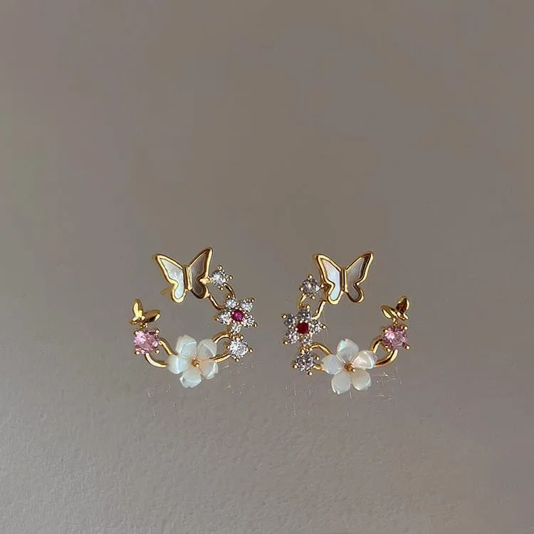 Charming Pearl Shell Butterfly Floral Earrings