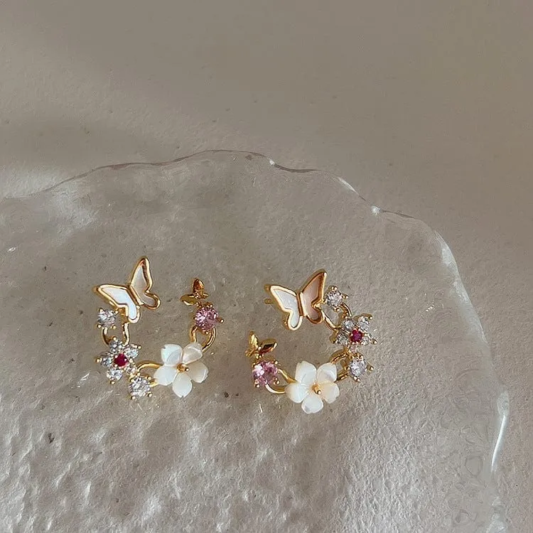 Charming Pearl Shell Butterfly Floral Earrings