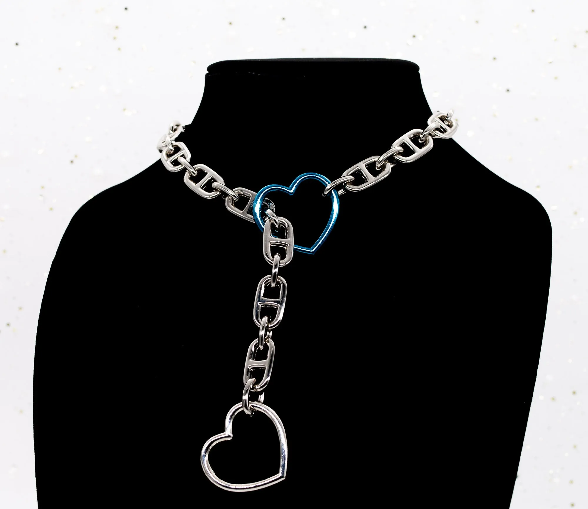 Chunky Silver & Blue Heart Slip Chain Collar