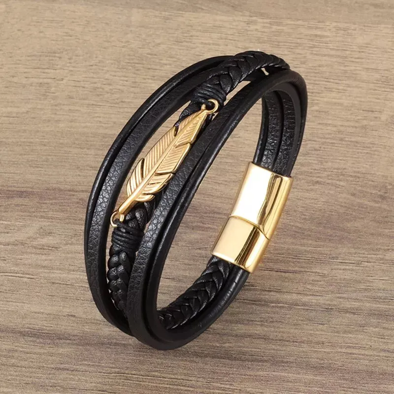 Classic Leather Braided Magnetic Metal Buckle Bracelet Punk High Quality Men\\'s Casual Business Bracelet Jewelry Gift