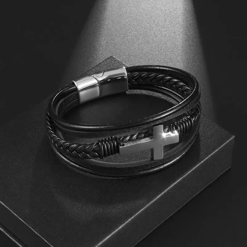 Classic Leather Braided Magnetic Metal Buckle Bracelet Punk High Quality Men\\'s Casual Business Bracelet Jewelry Gift