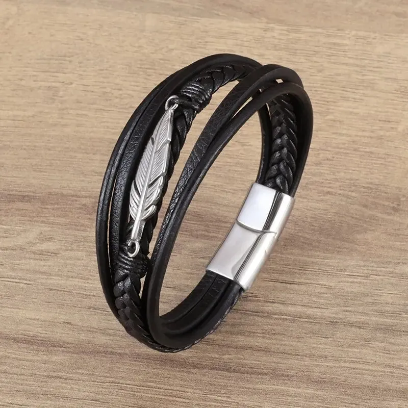 Classic Leather Braided Magnetic Metal Buckle Bracelet Punk High Quality Men\\'s Casual Business Bracelet Jewelry Gift