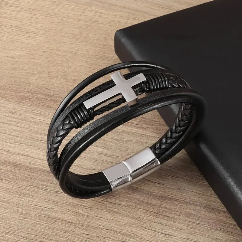 Classic Leather Braided Magnetic Metal Buckle Bracelet Punk High Quality Men\\'s Casual Business Bracelet Jewelry Gift