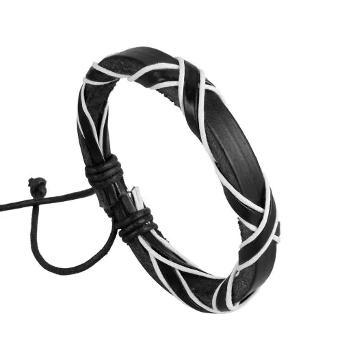 Classy Men Black & White Leather Lace-up Bracelet