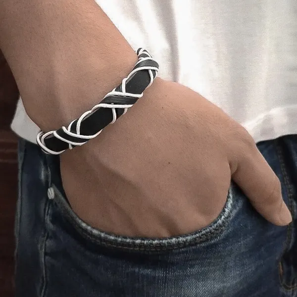 Classy Men Black & White Leather Lace-up Bracelet