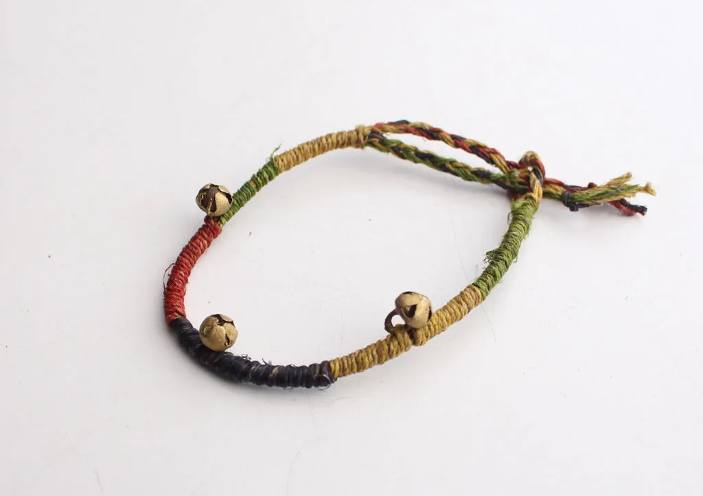 Colorful Hemp Rope Wrist Band Bracelet with Tiny Brass Bells