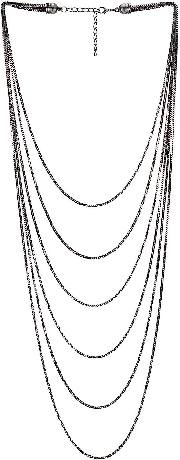 COOLSTEELANDBEYOND Multi-Strand Layered Statement Necklace Grey Color Choker Collar Box Chains, Dress Party Fashion