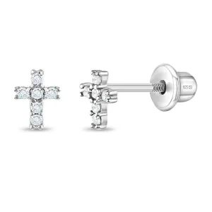 Delicate CZ Cross 6mm Baby / Toddler / Kids Earrings Screw Back - Sterling Silver