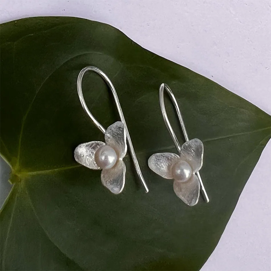 Delicate Flower and Pearl Earrings - Sterling Silver, Indonesia