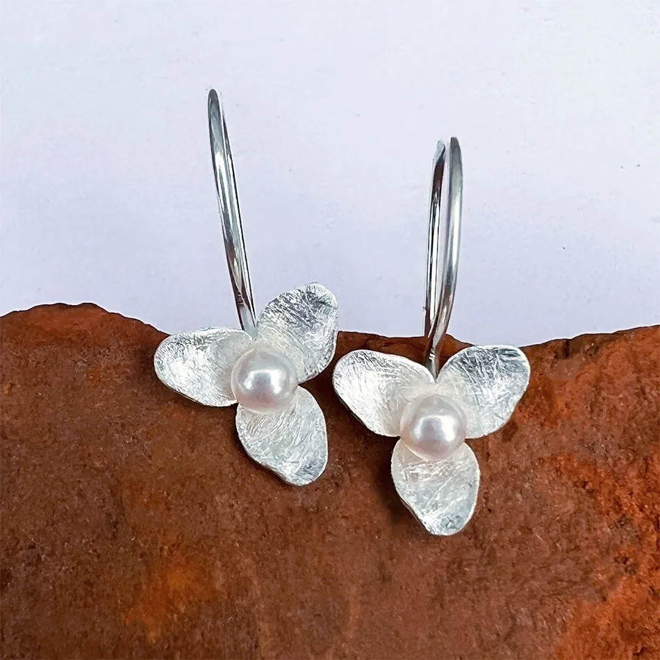 Delicate Flower and Pearl Earrings - Sterling Silver, Indonesia