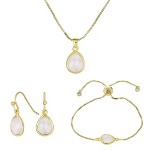 Delicate Rose Quartz Jewelry Set Earrings Bracelet & Pendant in 18K Gold Plated