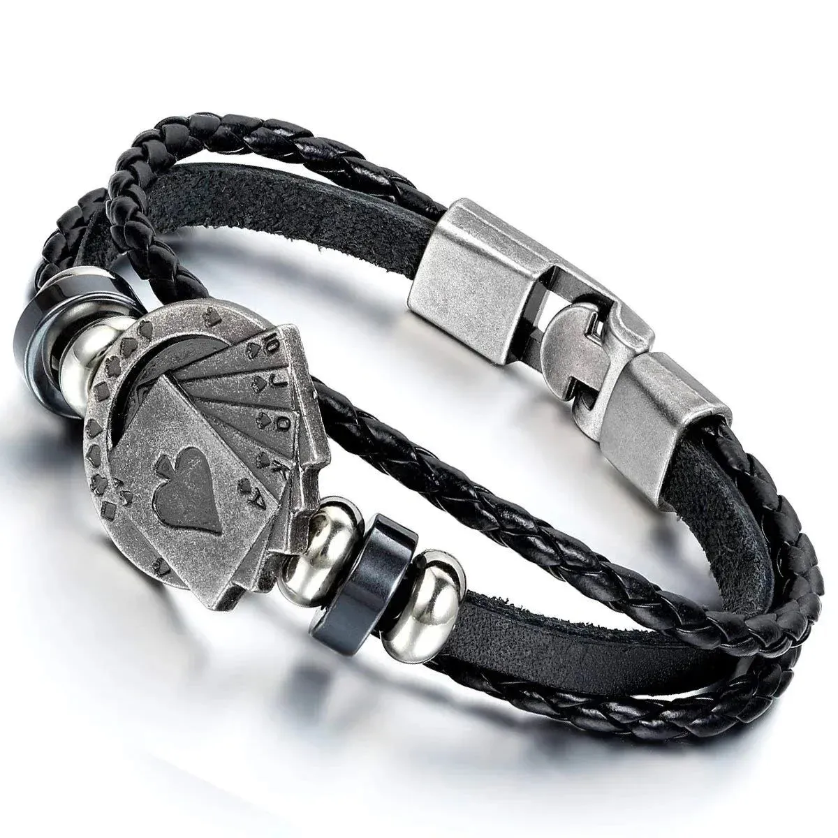 Delysia King Trendy Poker Woven Leather Bracelet Men Simple Vintage Style Personality Hand Chain