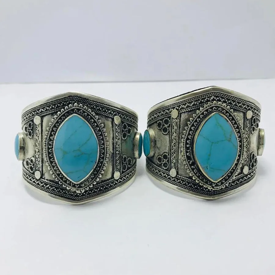 Ethnic Turquoise Stone Adjustable Handcuff Bracelet