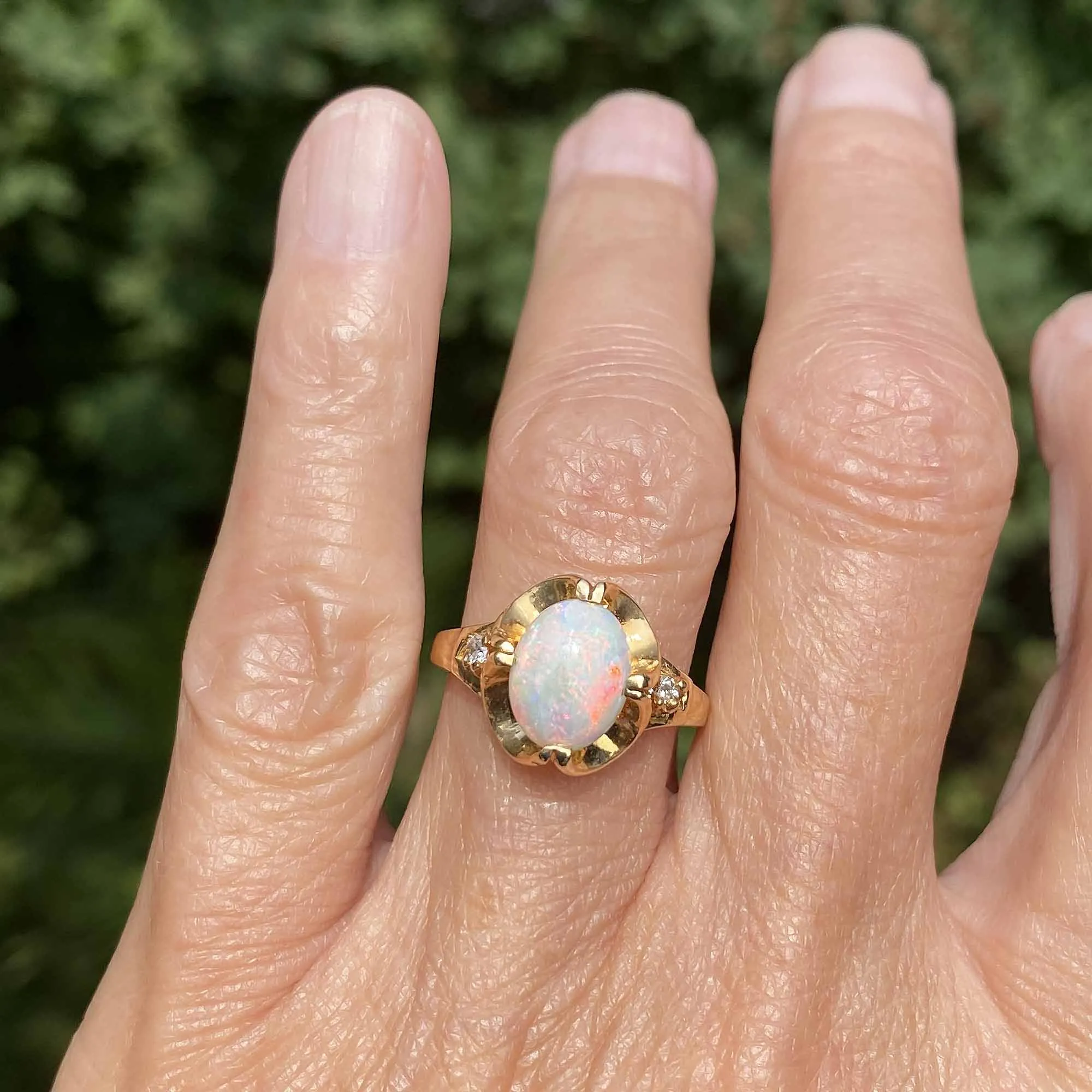 Fine 14K Gold Diamond Opal Cabochon Ring